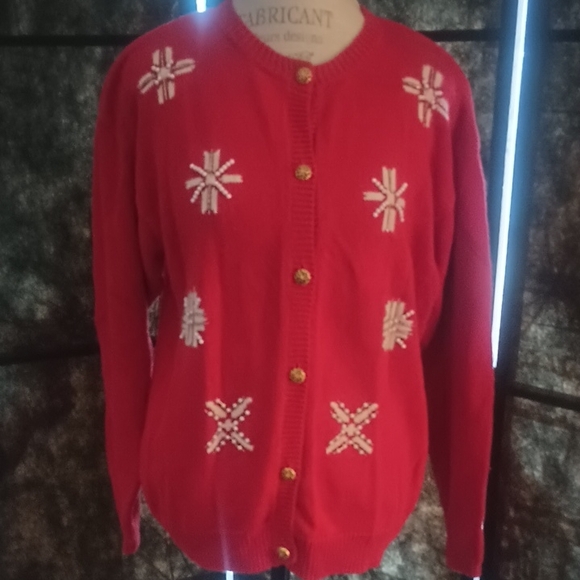 Leslie Fay Sweaters - Leslie Fay Red Cardigan with White Accents